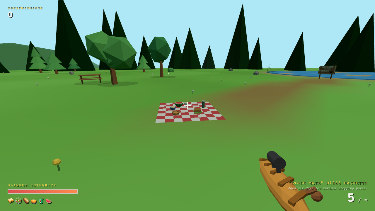 First-person view down the scoped baguette rifle: the checkered blanket ahead with snacks laid out, a blanket integrity bar in the corner, and low-poly park trees all around.