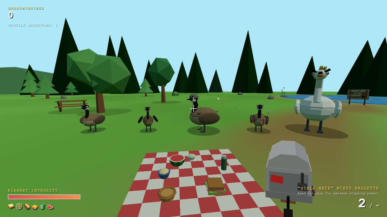 First-person view across a red checkered picnic blanket: five low-poly geese advancing in a line, with a huge white crowned swan looming at the right edge of the park.