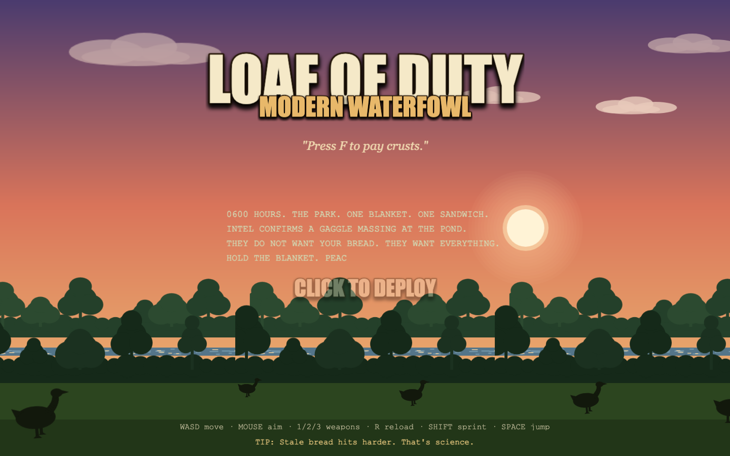 The game's title screen: LOAF OF DUTY in huge stencil letters over a sunny park, a parade of small geese waddling across the bottom, and the prompt CLICK TO DEPLOY.